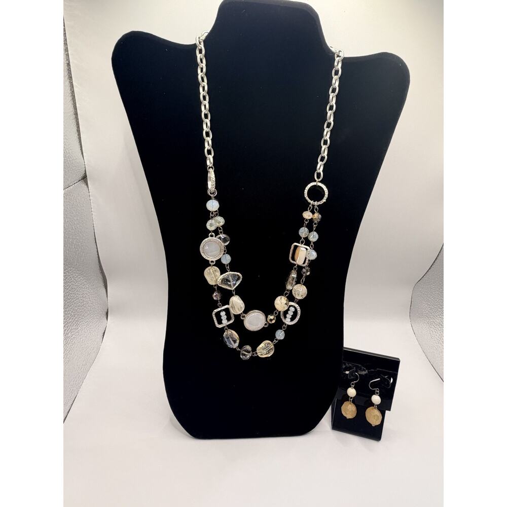 Pretty Neutral Stone and bead 2 strand necklace with earrings